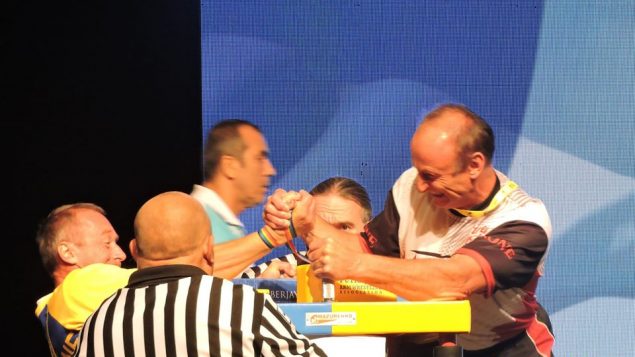Sylvio Bourque competing at an international armwrestling event