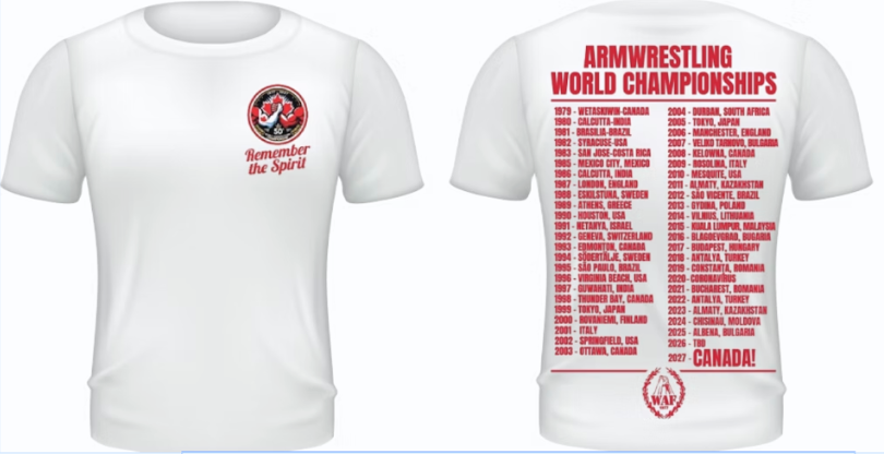 Front and back views of the white competition T-shirt with Remember the Spirit artwork